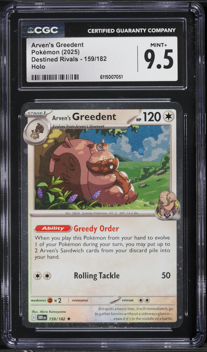 2025 Pokemon Scarlet & Violet Destined Rivals Holo Arven's Greedent #159 CGC 9.5 MINT+
