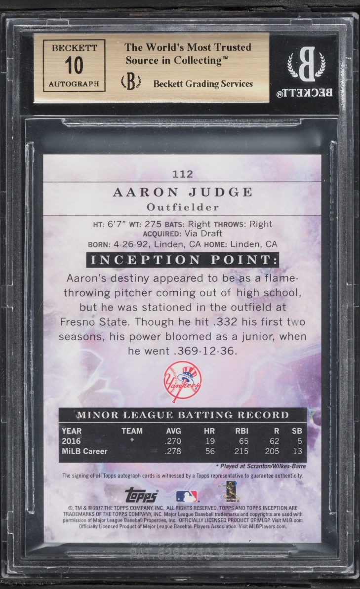 2017 Topps Inception Red Aaron Judge ROOKIE AUTO /75 #112 BGS 9.5 GEM MINT - Photo 2