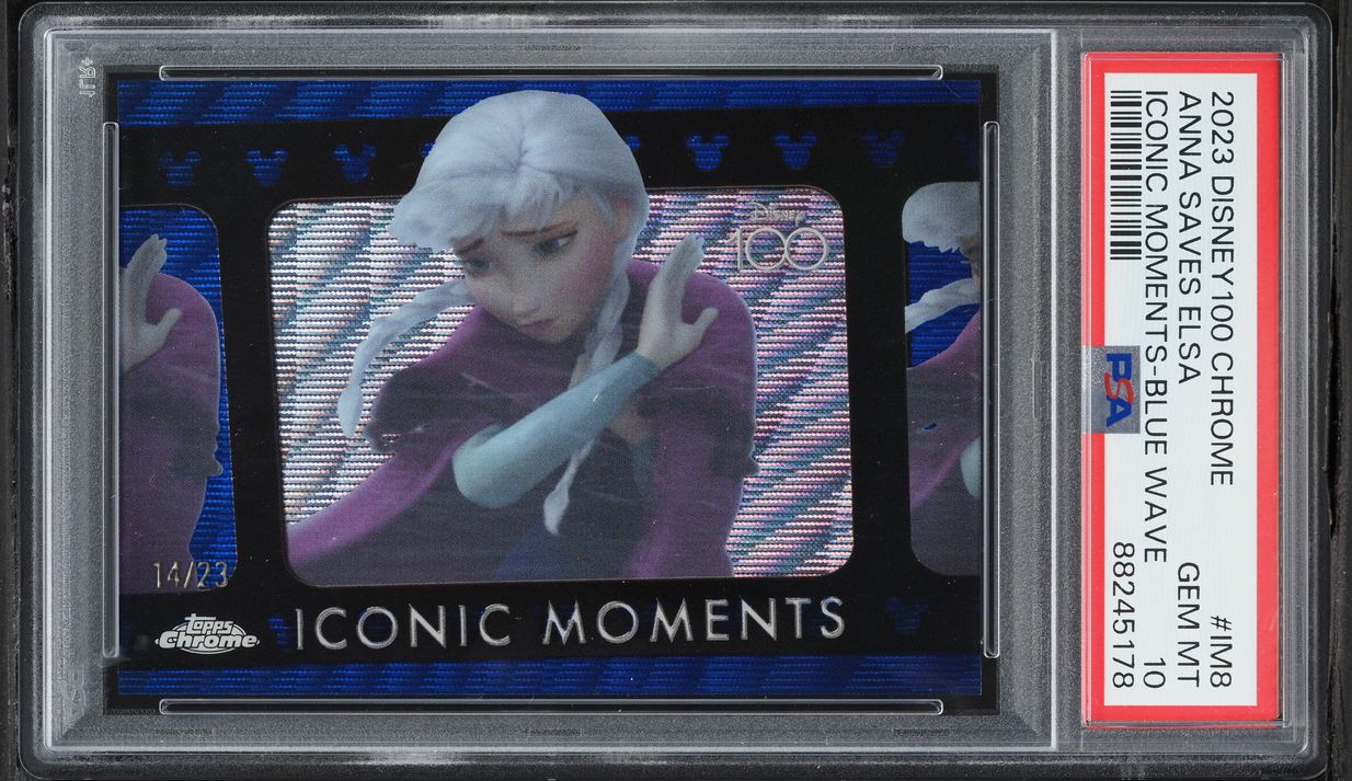 2023 Topps Chrome Disney 100 Iconic Moments Blue Wave Anna Saves Elsa /23 #IM-8 PSA 10 GEM MINT