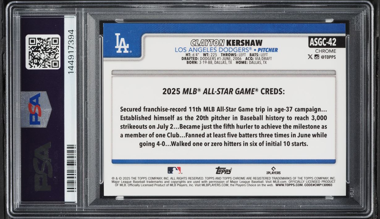 2025 Topps Chrome Update All Star Game Gold Refractor Clayton Kershaw JERSEY # 22/50 PSA 10 GEM - Photo 2