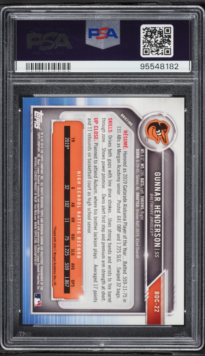 2019 Bowman Chrome Draft Green Refractor Gunnar Henderson PROSPECT /99 #BDC-22 PSA 9 MINT - Photo 2