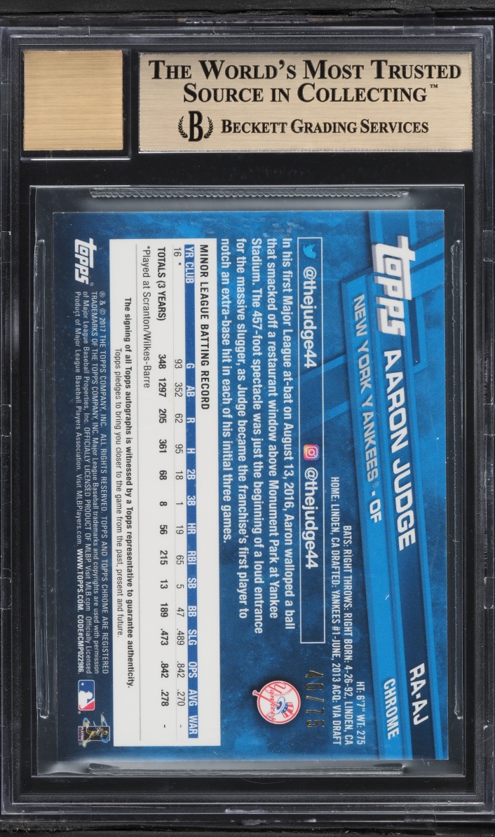 2017 Topps Chrome Blue Wave Refractor Aaron Judge ROOKIE AUTO /75 #RA-AJ BGS 9.5 GEM MINT - Photo 2
