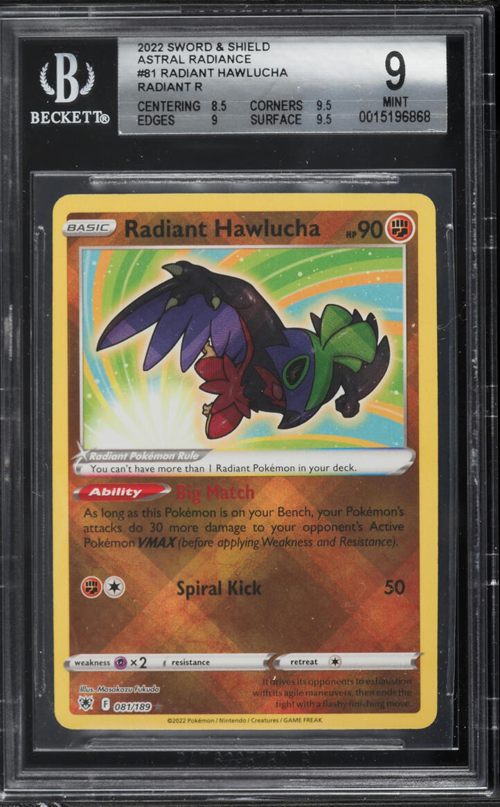 2022 Pokemon Sword & Shield Astral Radiance Radiant Hawlucha #81 BGS 9 MINT