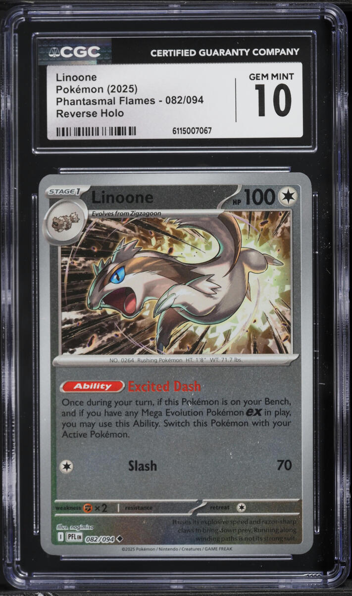 2025 Pokemon Mega Phantasmal Flames Reverse Holo Linoone #082 CGC 10 GEM MINT