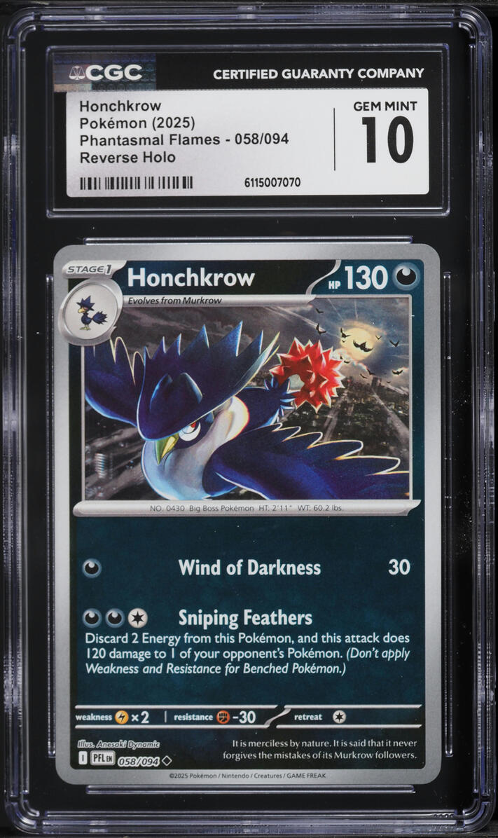 2025 Pokemon Phantasmal Flames Reverse Holo Honchkrow #058 CGC 10 GEM MINT