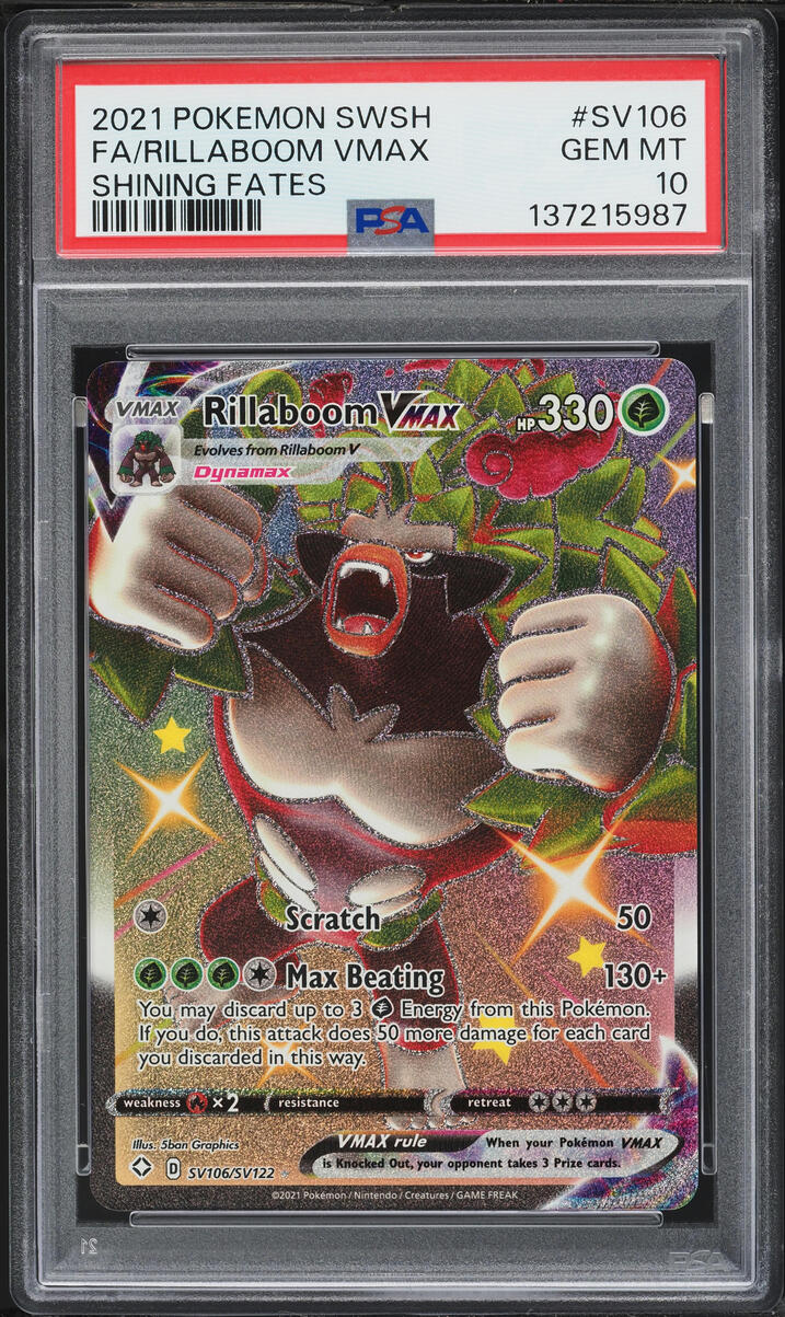 2021 Pokemon Sword & Shield Shining Fates Shiny Rillaboom VMAX #SV106 PSA 10 GEM MINT
