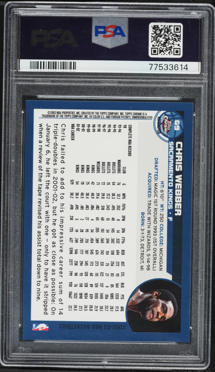 2002 Topps Chrome Refractor Chris Webber #69 PSA 10 GEM MINT