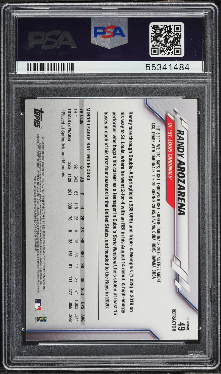 2020 Topps Chrome Refractor Randy Arozarena ROOKIE #49 PSA 10 GEM MINT