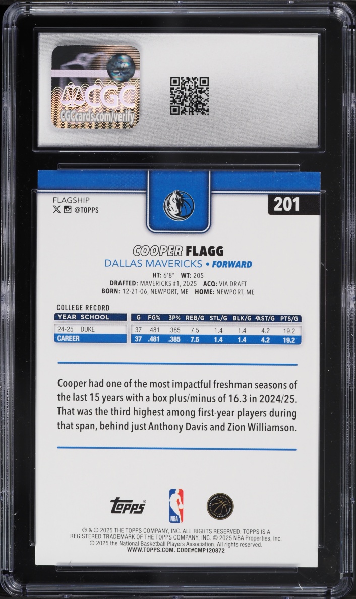 2025 Topps Basketball Cooper Flagg ROOKIE #201 CGC 10 GEM MINT