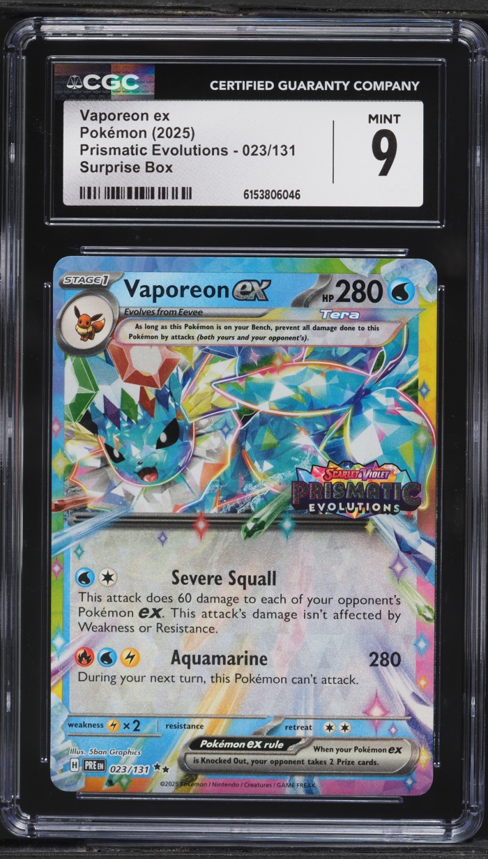 2025 Pokemon Scarlet & Violet Prismatic Evolutions Surprise Box Holo Vaporeon ex #23 CGC 9 MINT
