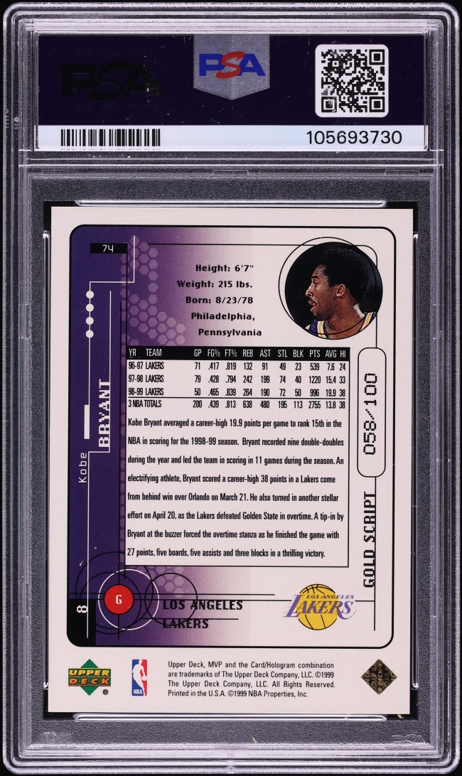 1999 Upper Deck MVP Gold Script Kobe Bryant /100 #74 PSA 9 MINT