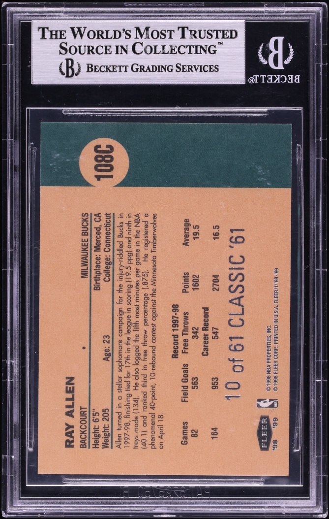 1998 Fleer Classic '61 Ray Allen /61 #108C BGS 8.5 NM-MT+ - Photo 2