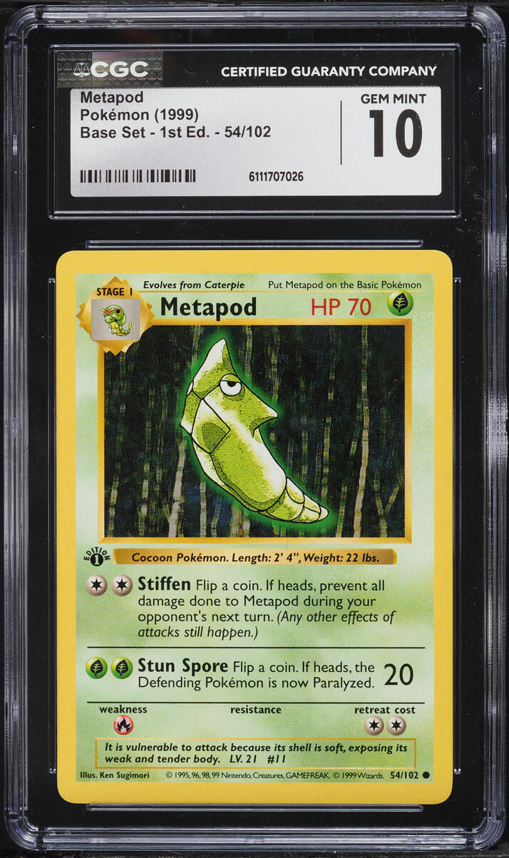 1999 Pokemon Base Set Shadowless 1st Edition Metapod #54 CGC 10 GEM MINT