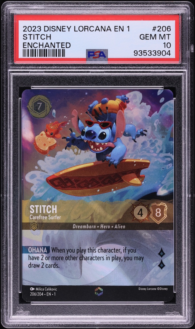2023 Disney Lorcana First Chapter Enchanted Stitch Carefree Surfer #206 PSA 10 GEM MINT