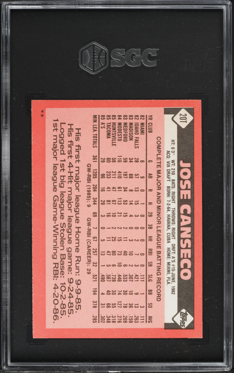 1986 Topps Traded Jose Canseco ROOKIE #20T SGC 8.5 NM-MT+