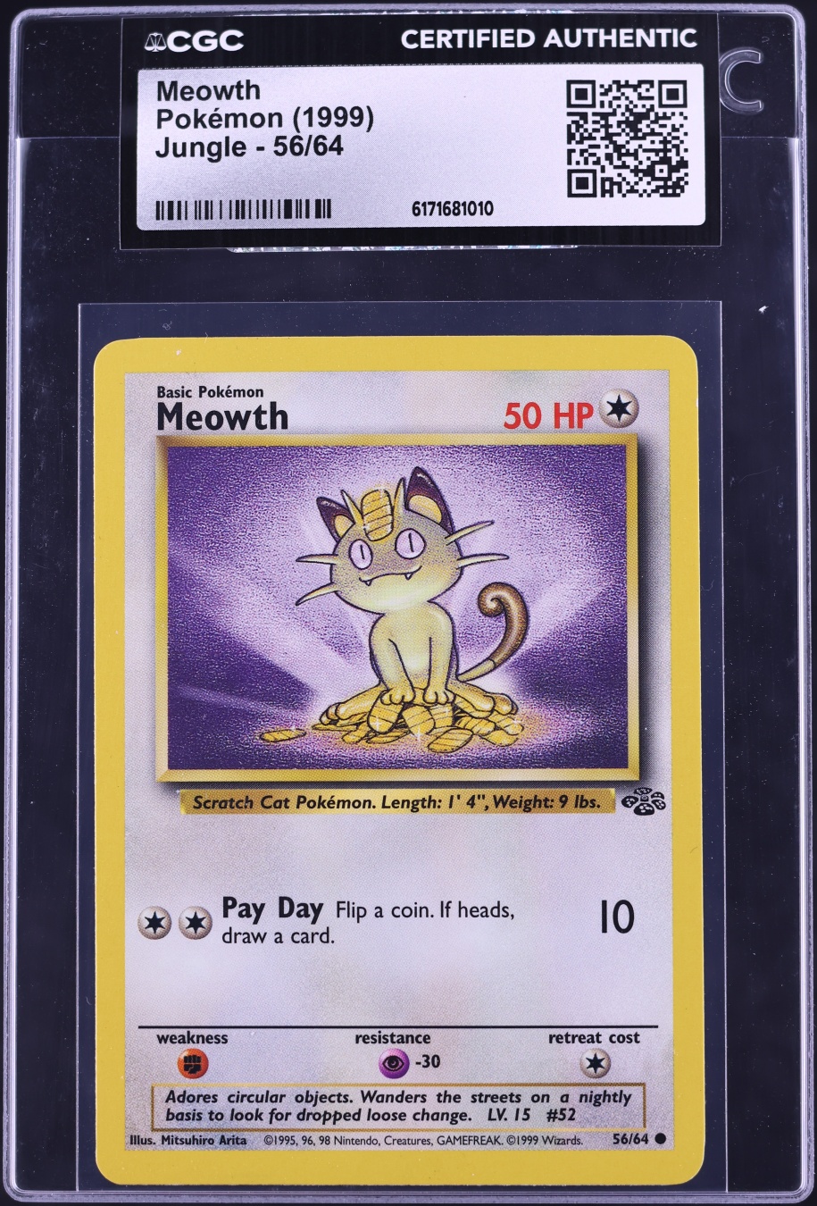 1999 Pokemon Jungle Meowth #56 CGC AUTH