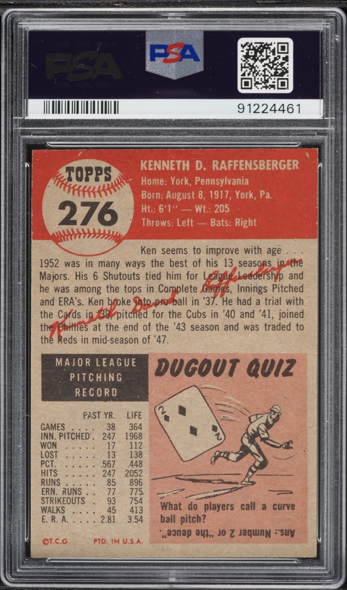 1953 Topps Ken Raffensberger SHORT PRINT #276 PSA 4 VGEX