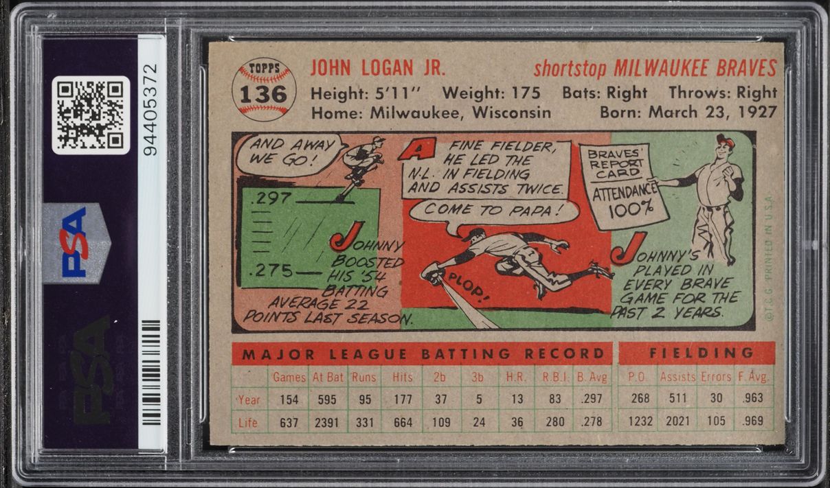1956 Topps Johnny Logan #136 PSA 8(oc) NM-MT