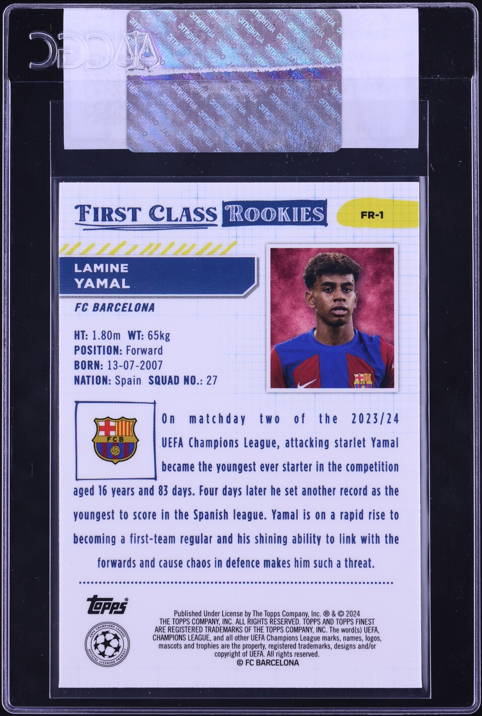 2023 Finest UEFA Club Competitions First Class Lamine Yamal ROOKIE #FR-1 CGC AUTH