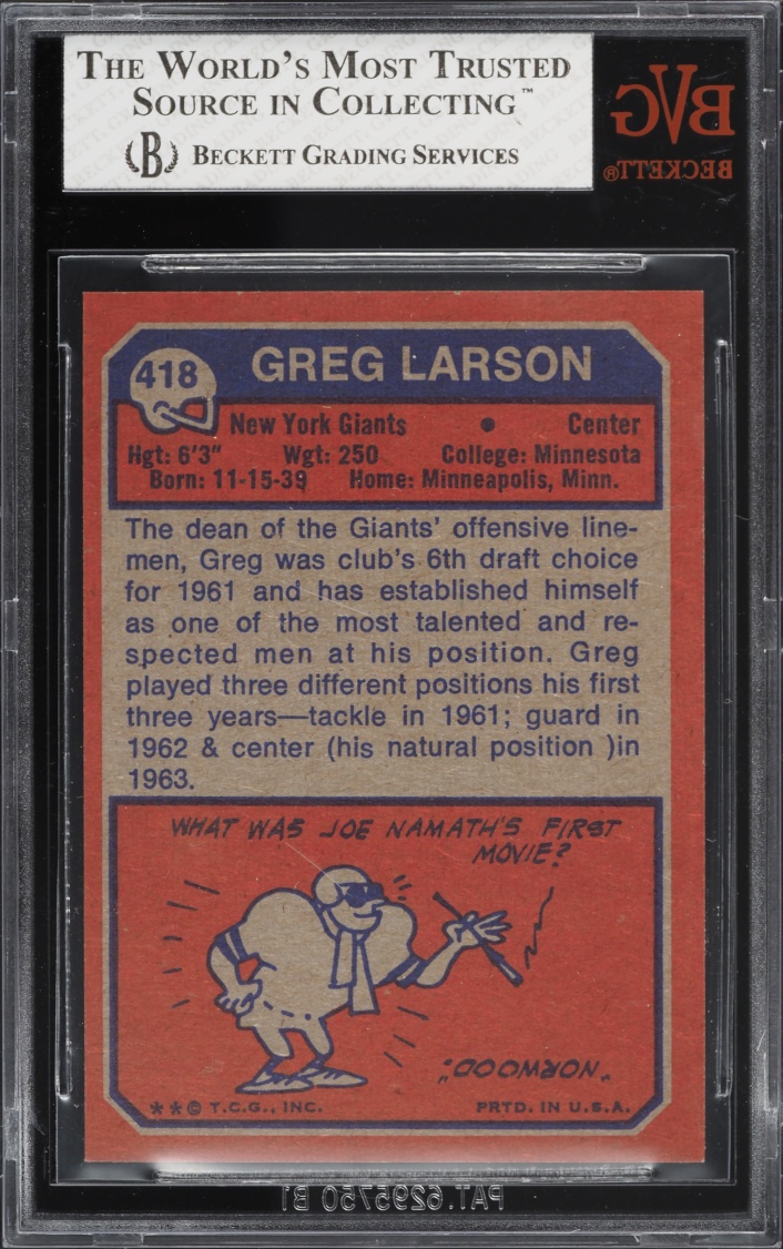 1973 Topps Football Greg Larson #418 BVG 8 NM-MT