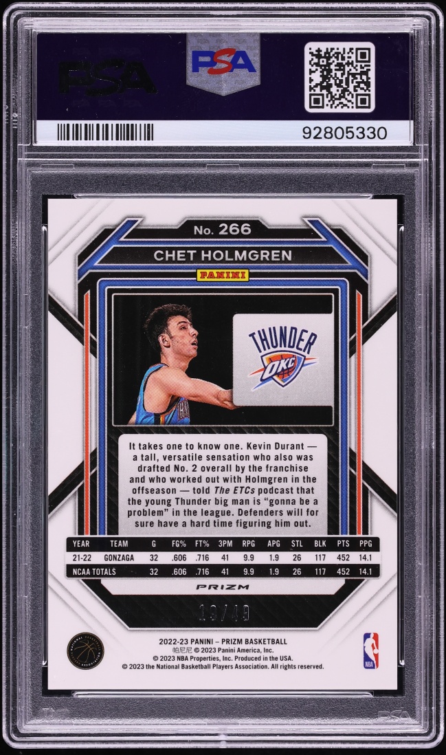 2022 Panini Prizm Blue Choice Chet Holmgren ROOKIE /49 #266 PSA 9 MINT