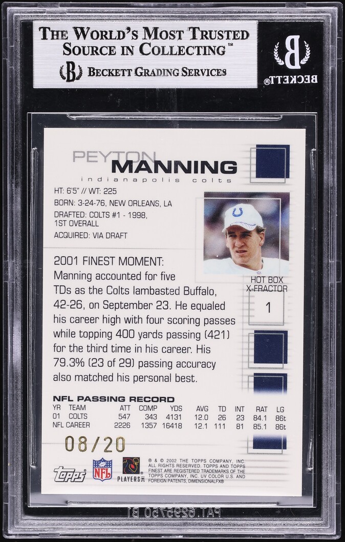 2002 Finest Xfractor Peyton Manning /20 #1 BGS 9 MINT - Photo 2