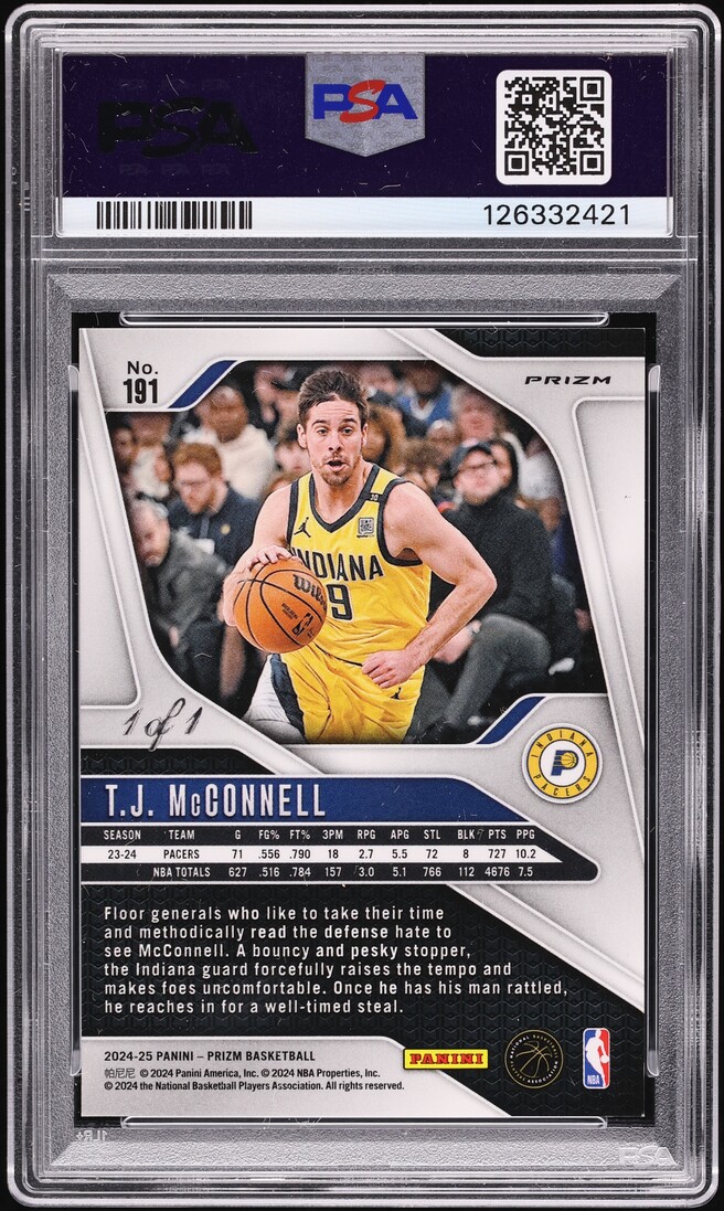 2024 Panini Prizm Black T.J. McConnell 1/1 #191 PSA 8 NM-MT - Photo 2