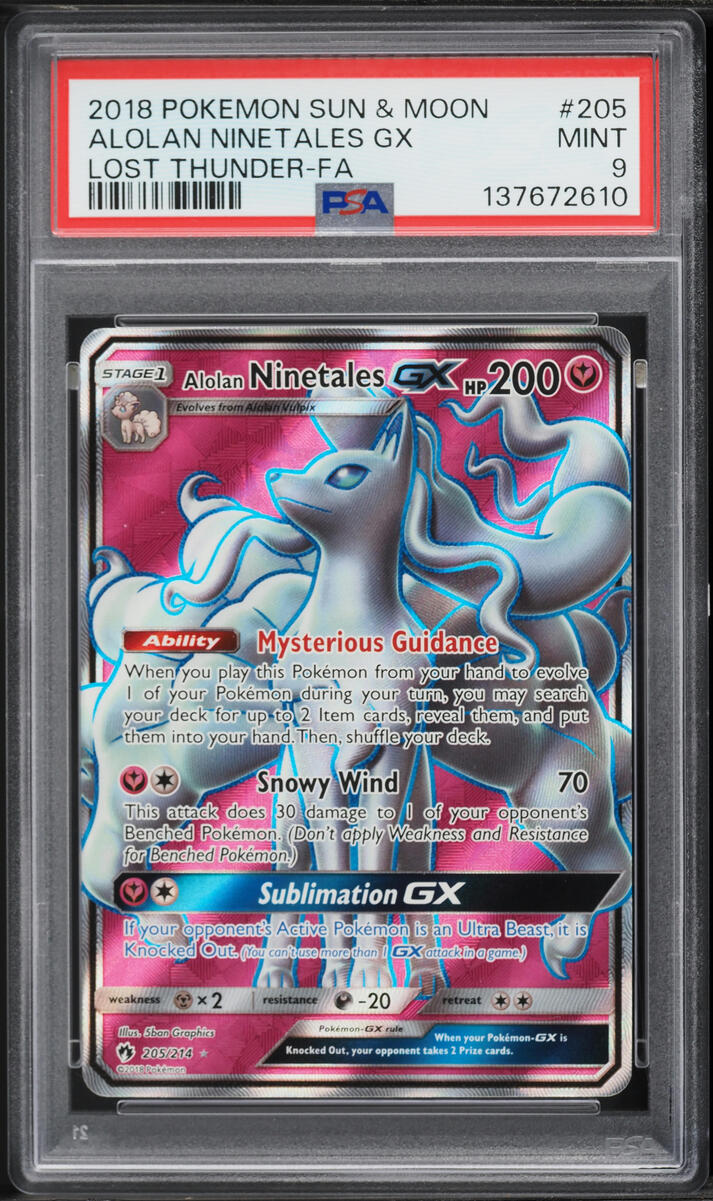 2018 Pokemon Sun & Moon Lost Thunder Full Art Alolan Ninetales GX #205 PSA 9 MINT