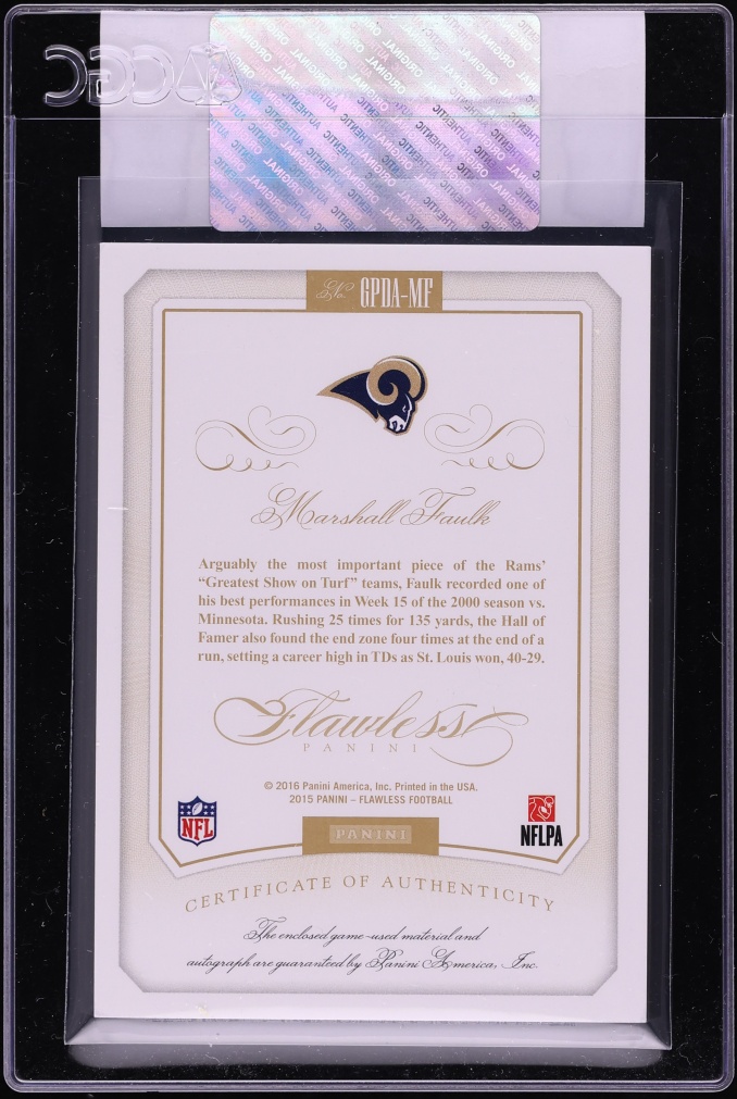 2015 Panini Flawless Greats Dual Emerald Marshall Faulk PATCH AUTO /5 #GPDA-MF CGC AUTH - Photo 2