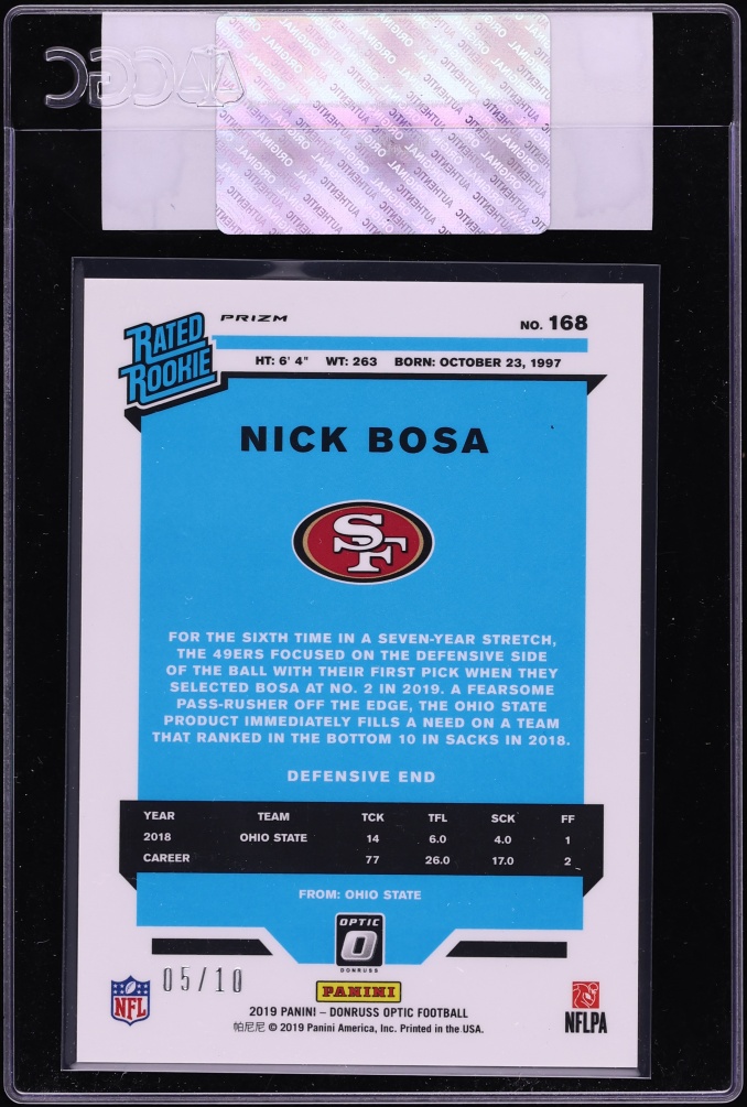 2019 Donruss Optic Gold Nick Bosa ROOKIE /10 #168 CGC AUTH - Photo 2