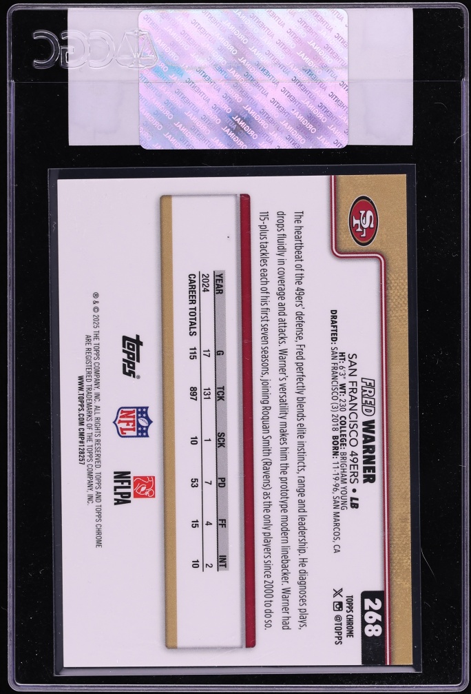 2025 Topps Chrome Red Lava Refractor Fred Warner /5 #268 CGC AUTH - Photo 2