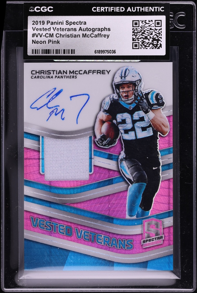 2019 Panini Spectra Vested Veterans Neon Pink Christian McCaffrey PATCH AUTO /15 #VVCM CGC AUTH