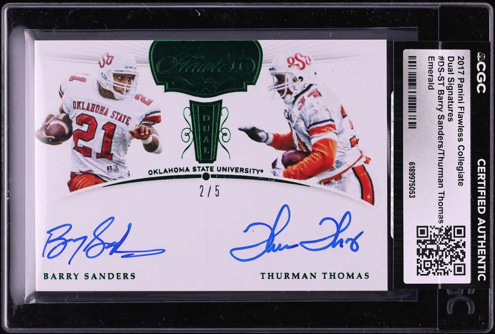 2017 Panini Flawless Collegiate Dual Emerald Barry Sanders Thurman Thomas AUTO /5 CGC AUTH