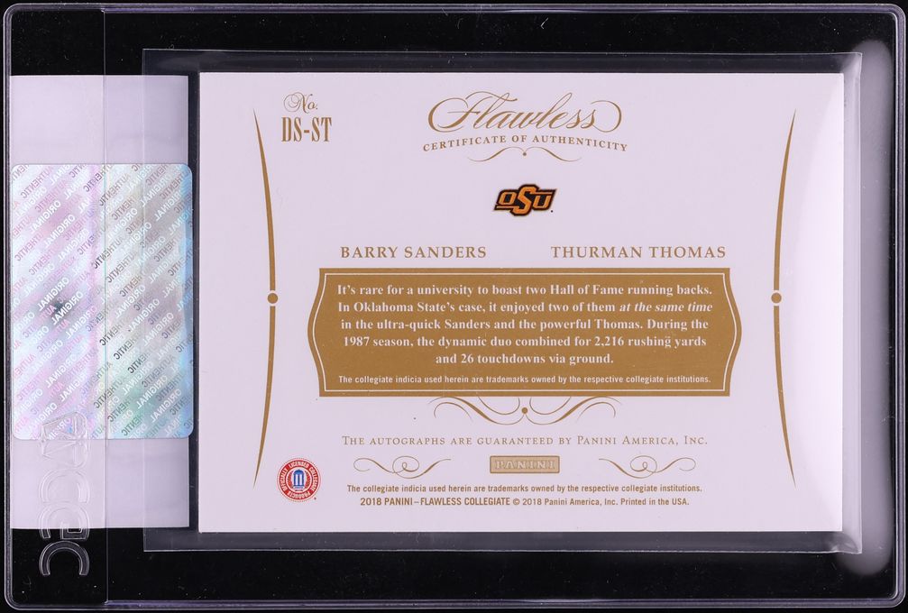 2017 Panini Flawless Collegiate Dual Emerald Barry Sanders Thurman Thomas AUTO /5 CGC AUTH - Photo 2