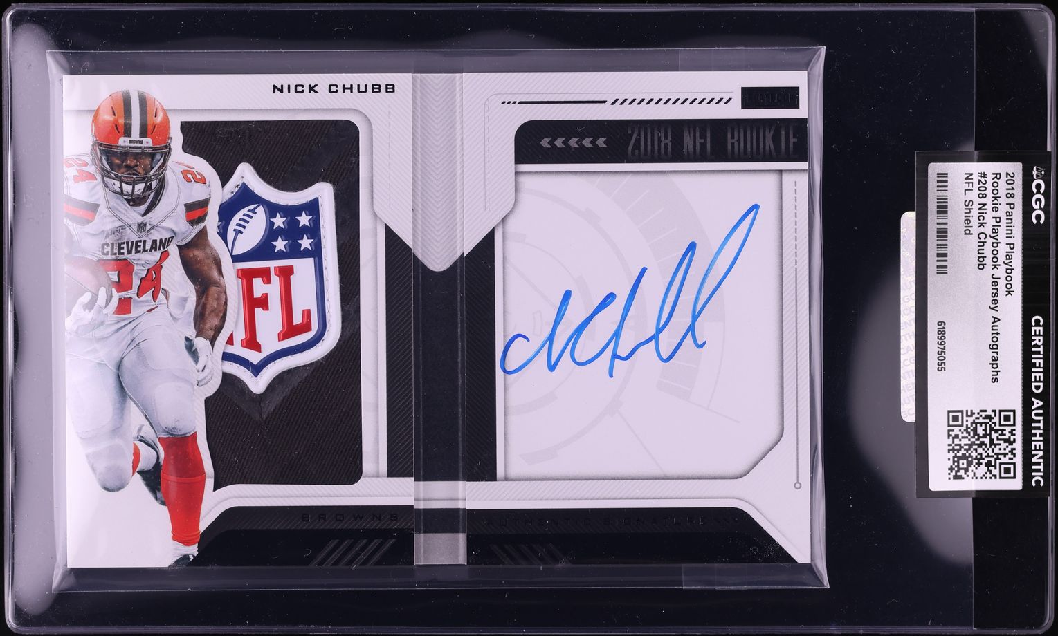 2018 Panini Playbook Jersey Nick Chubb ROOKIE NFL SHIELD PATCH AUTO 1/1 #208 CGC AUTH