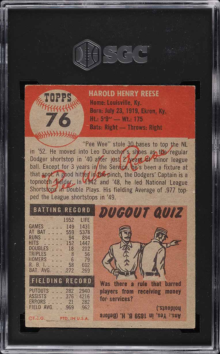1953 Topps Pee Wee Reese SHORT PRINT #76 SGC 4 VGEX