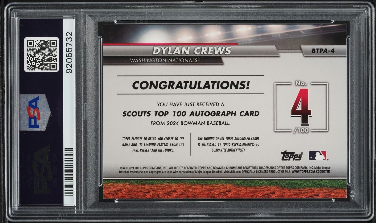 2024 Bowman Chrome Scouts' Top 100 Gold Dylan Crews ROOKIE AUTO 50/50 PSA 9 MINT