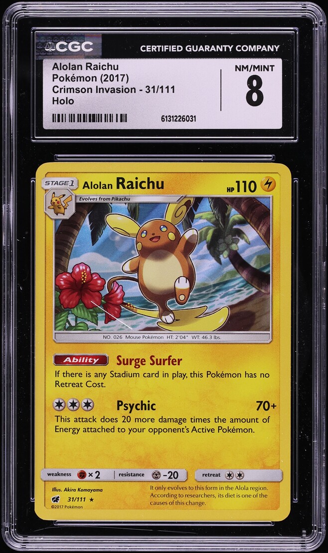 2017 Pokemon Sun & Moon Crimson Invasion Holo Alolan Raichu #31 CGC 8 NM-MT