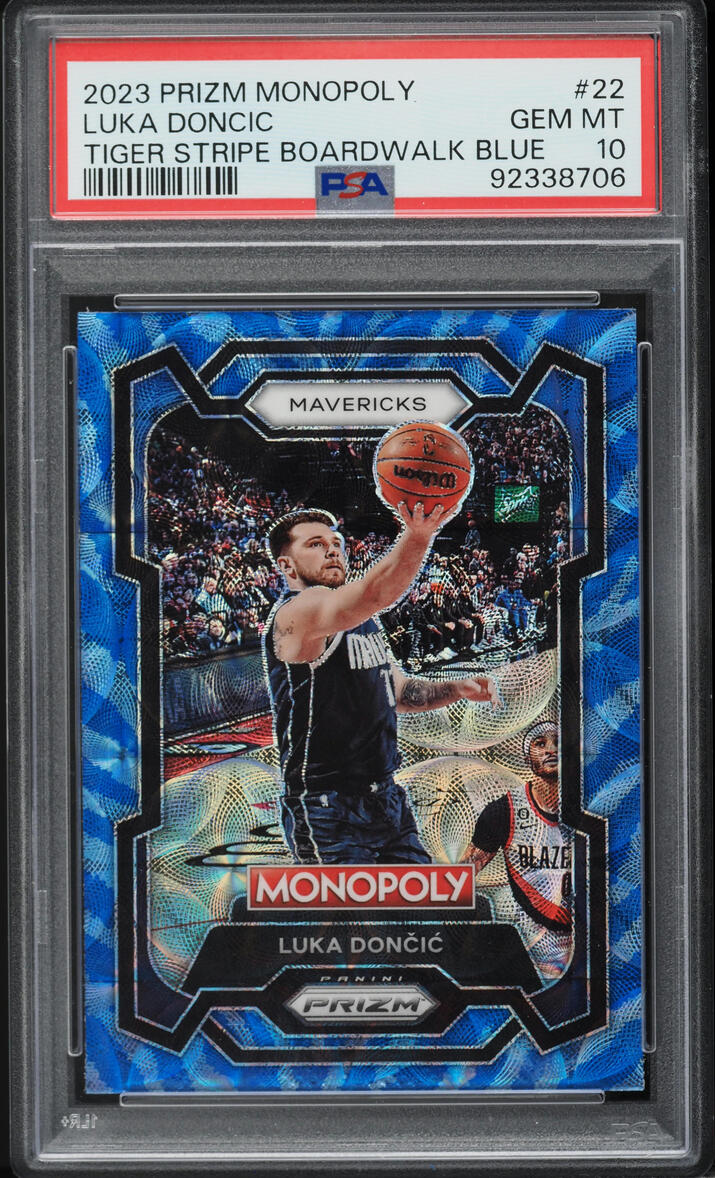 2023 Panini Prizm Monopoly Tiger Stripe Boardwalk Blue Luka Doncic #22 PSA 10