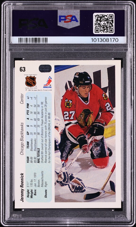 1990 Upper Deck Hockey Jeremy Roenick ROOKIE #63 PSA 8 NM-MT