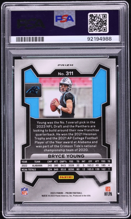 2023 Panini Prizm Silver Bryce Young ROOKIE #311 PSA 10 GEM MINT