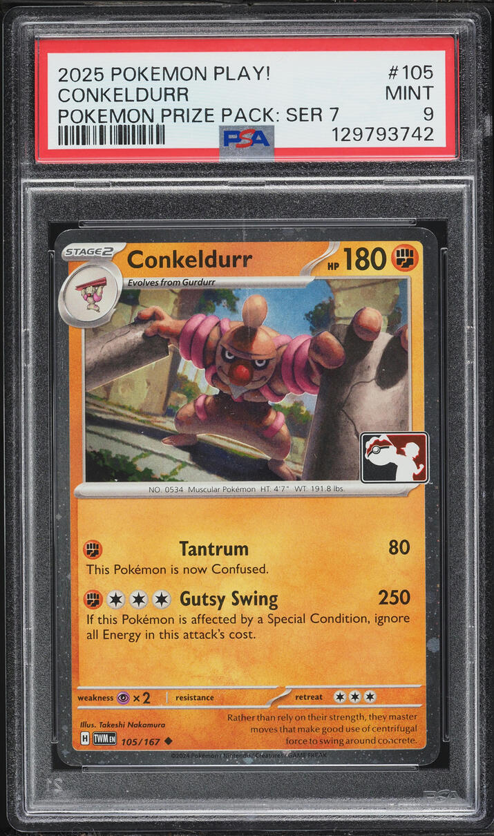 2025 Pokemon SV Twilight Masquerade Play! Prize Pack Series 7 Conkeldurr #105 PSA 9 MINT