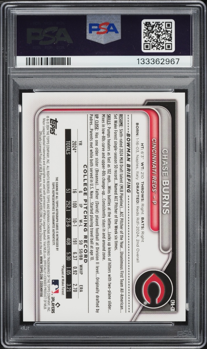 2024 Bowman Chrome Draft Chase Burns PROSPECT AUTO #CPA-CB PSA 10 GEM MINT