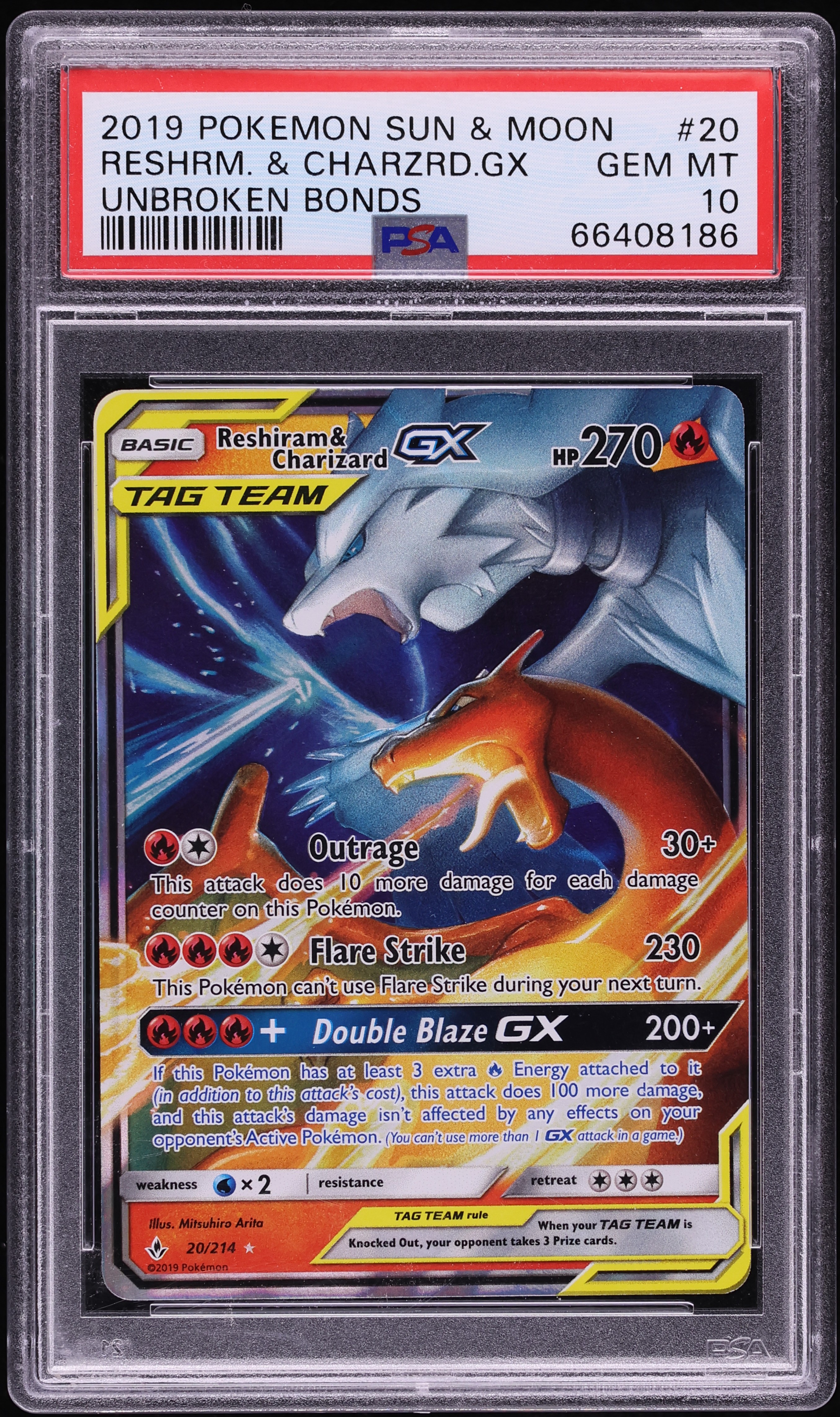 2019 Pokemon Sun & Moon Unbroken Bonds Holo Reshiram & Charizard GX #20 PSA 10 GEM MINT