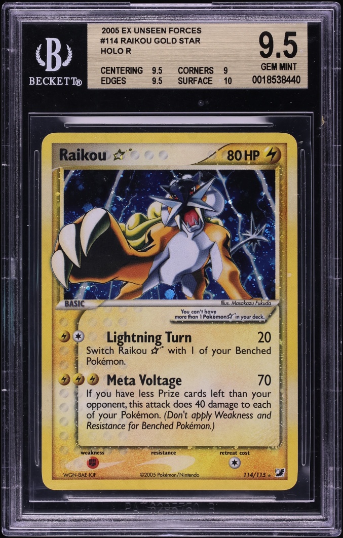 2005 Pokemon EX Unseen Forces Holo Raikou Gold Star #114 BGS 9.5 GEM MINT