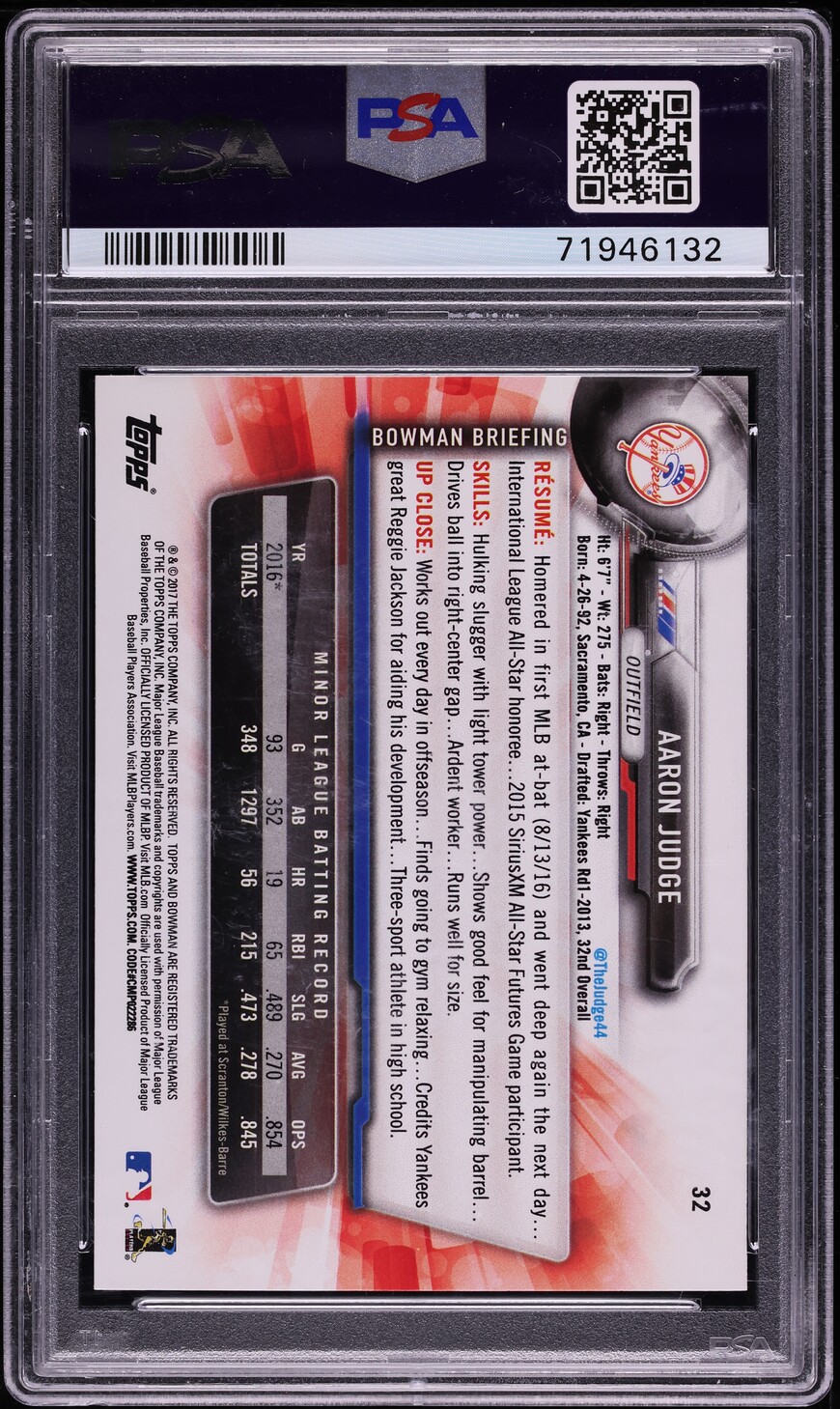 2017 Bowman Aaron Judge ROOKIE #32 PSA 6 EXMT