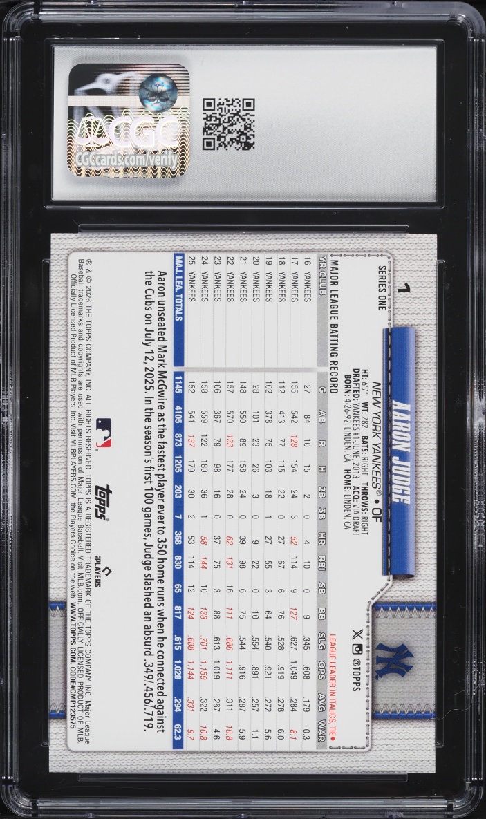 2026 Topps Aaron Judge #1 CGC 10 GEM MINT