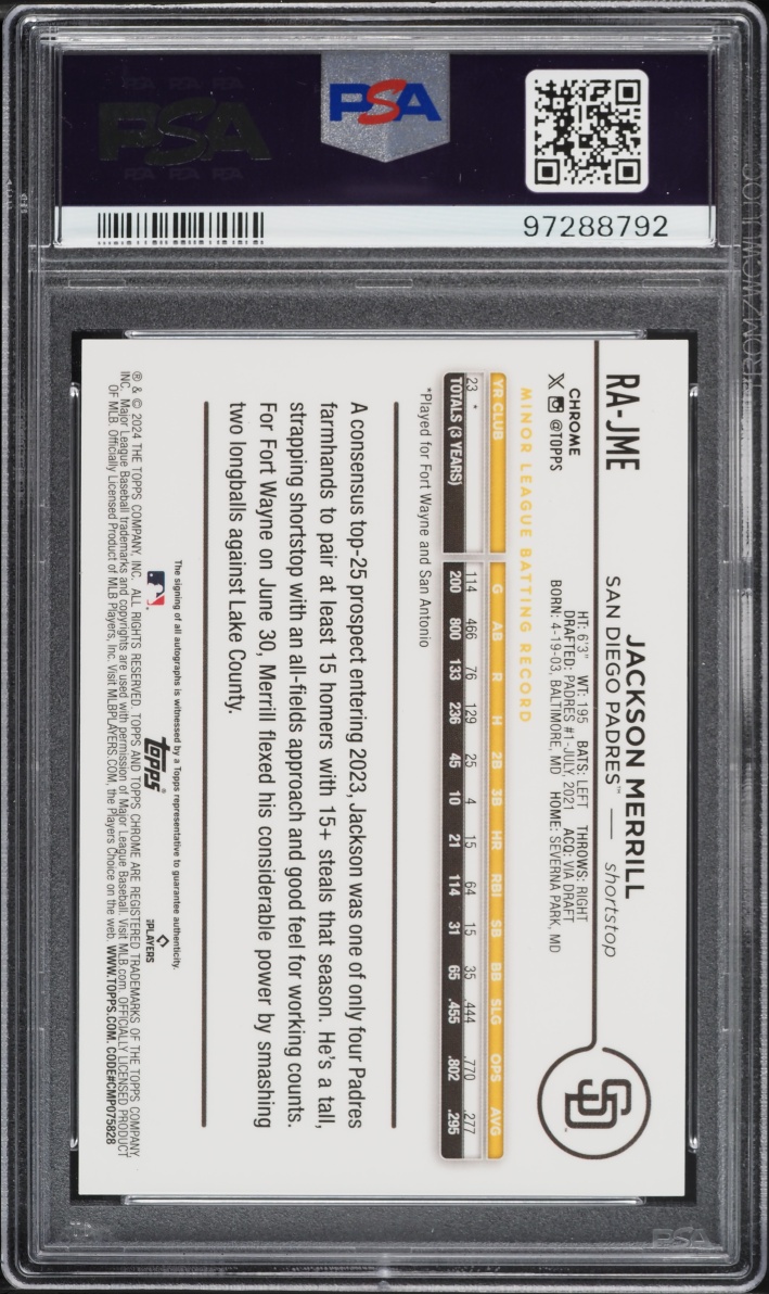 2024 Topps Chrome Jackson Merrill ROOKIE AUTO #RA-JME PSA 9 MINT