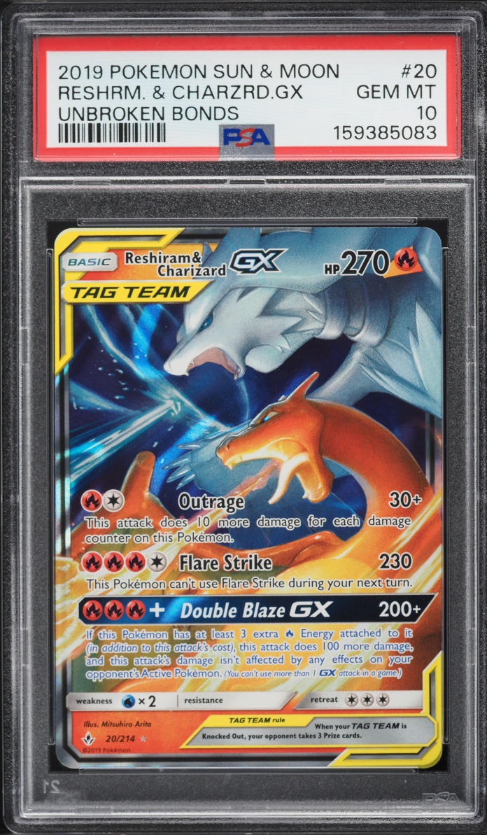 2019 Pokemon Sun & Moon Unbroken Bonds Holo Reshiram & Charizard GX #20 PSA 10 GEM MINT