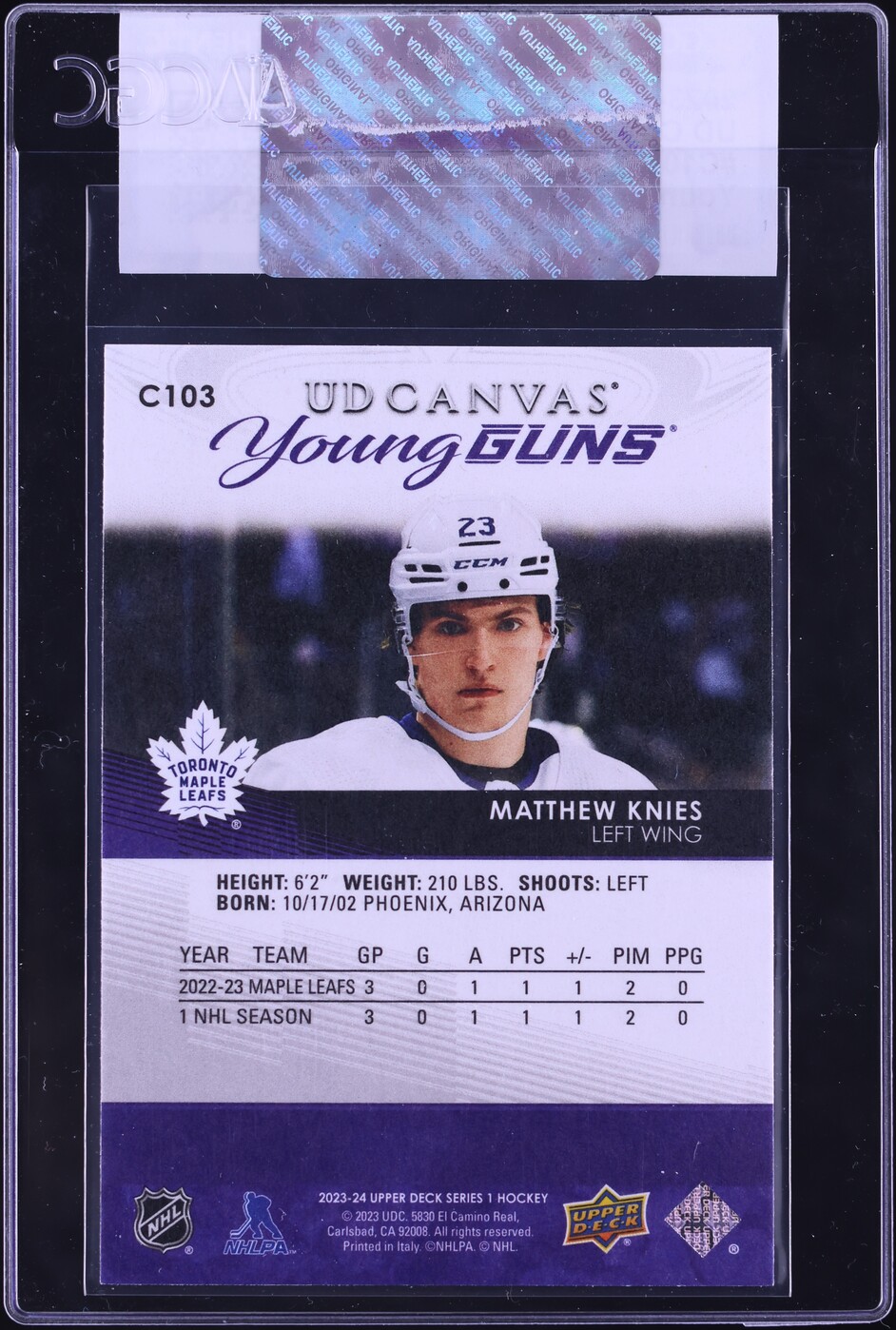 2023 Upper Deck Canvas Young Guns Matthew Knies ROOKIE #C103 CGC AUTH